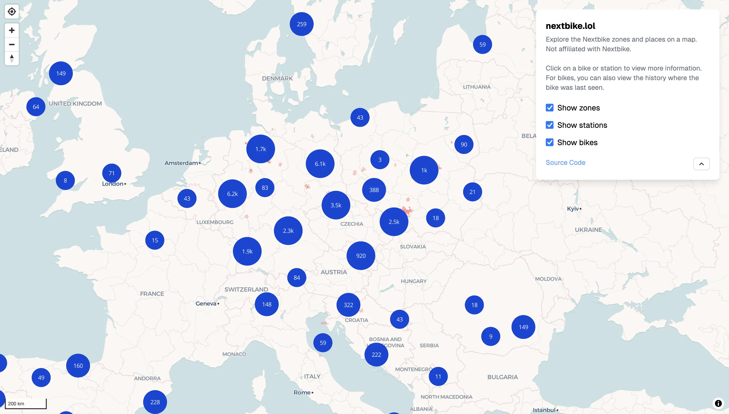 Screenshot of the interactive map on nextbike.lol